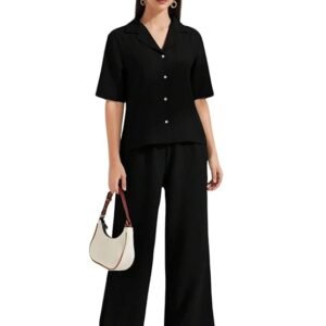 Women's Solid Color Co-ord Set | Short Sleeve Top & Wide Leg Pants Coord Set